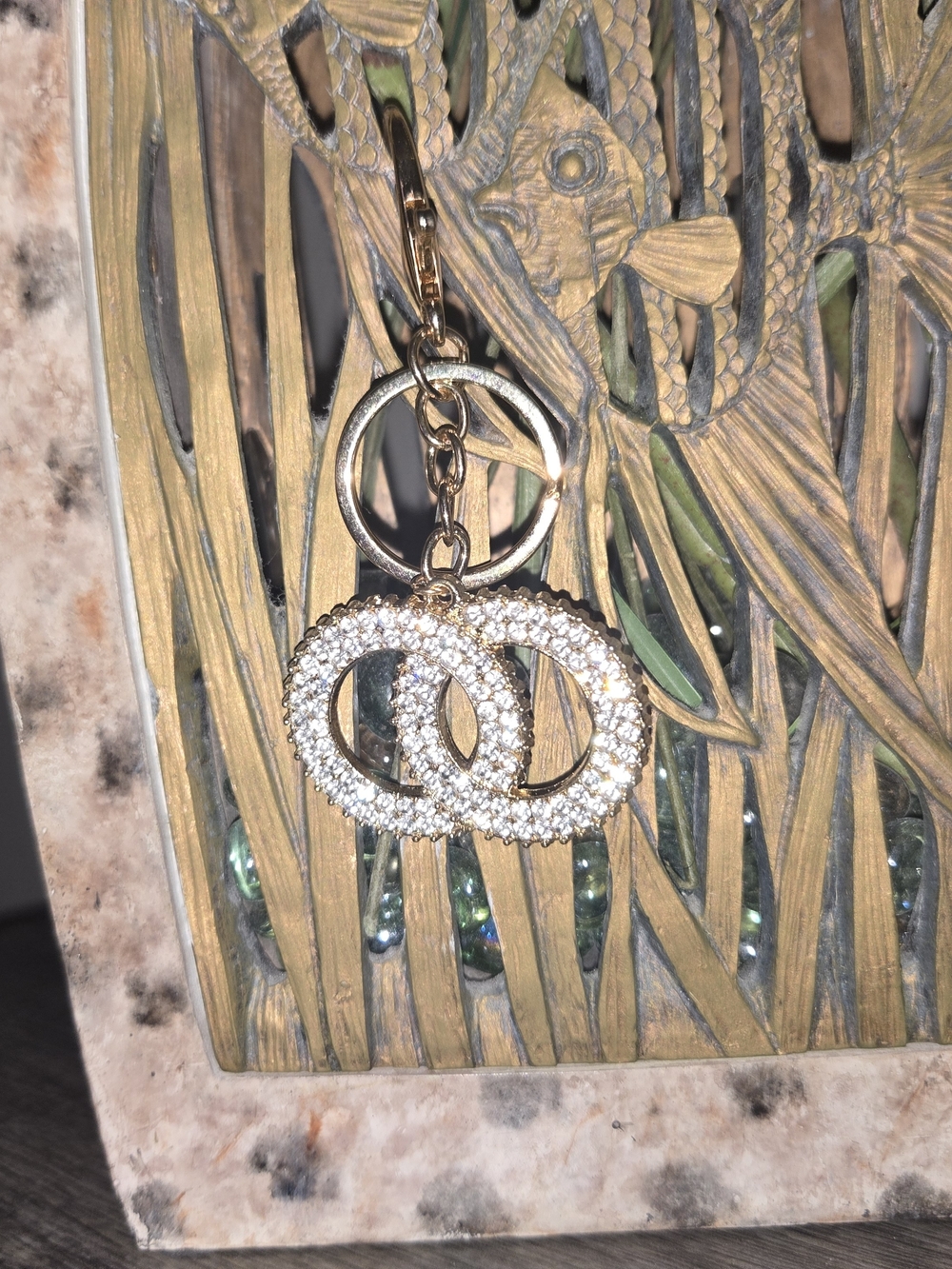 Gold Rhinestone Double-Ring Keychain